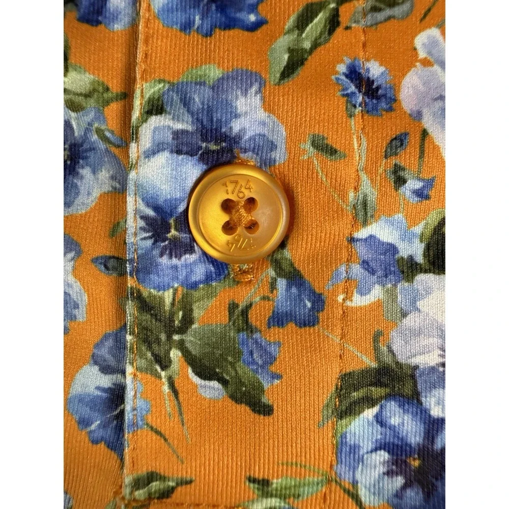 1764 Polo Shirt Mens M Orange All over Floral Print Golf Performance Stretch